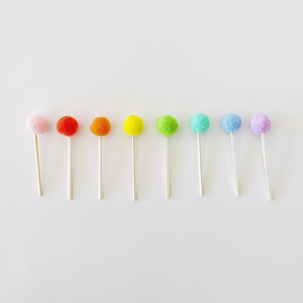 Rainbow Pom Pom Cupcake Toppers | Rainbow Theme Cake Decor | Rainbow Kids Birthday Decor | Rainbow Cake Supplies | Rainbow Food Picks