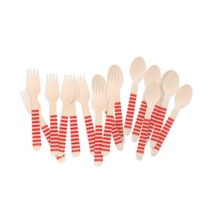 Wooden Party Utensils | Red Stripe Wooden Forks and Spoons | Disposable Bamboo Cutlery. Eco-Friendly Utensil Tableware