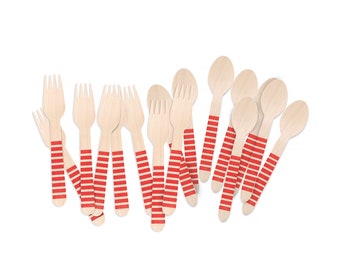Wooden Party Utensils | Red Stripe Wooden Forks and Spoons | Disposable Bamboo Cutlery. Eco-Friendly Utensil Tableware