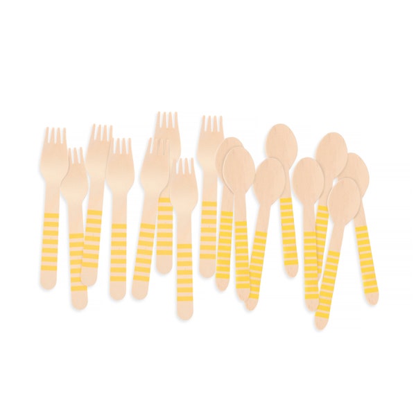 Wooden Disposable Utensils. Yellow Stripe Forks and Spoons. Disposable Bamboo Cutlery. Eco-Friendly Utensil Tableware | Kids Birthday