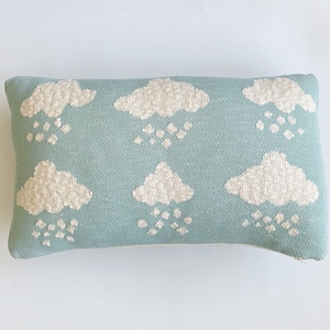 Snow Clouds Decorative Knit Throw Pillow | Sky Blue Kids Room Pillow | Gender Neutral Kids Room Decor | Baby Nursery Knit Pillow