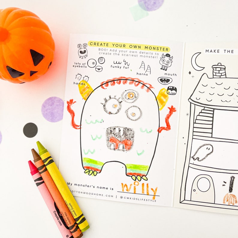 May include: A white activity sheet titled CREATE YOUR OWN MONSTER with black line drawings of monster parts and a hand-drawn monster colored with orange, green, and black. The sheet includes the text My monster's name is willy and COTTONWOODHOME.COM.