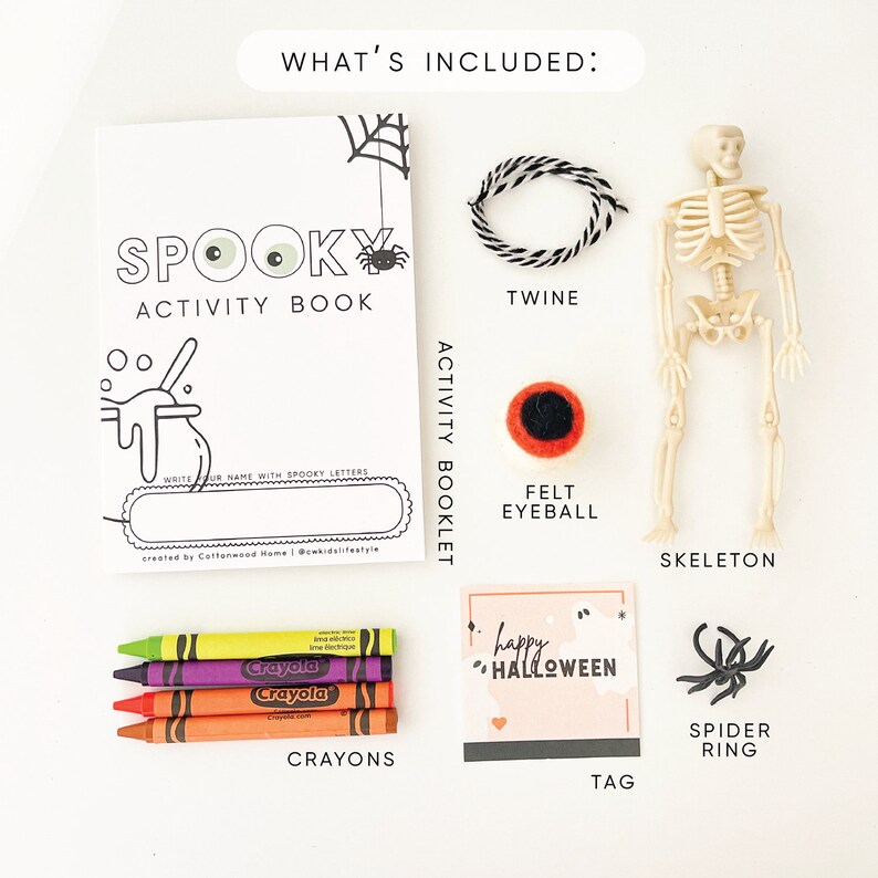 May include: A Halloween activity kit including a Spooky Activity Book, a length of black and white twine, a plastic skeleton, a felt eyeball, four Crayola crayons in yellow, purple, orange, and brown, a Happy Halloween tag, and a black spider ring.