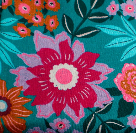 Baumwollstoff GOTS~ petrol rosa Hippie-Blume Serie Blumen