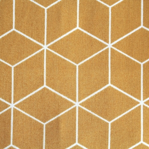 Könnte beinhalten: Nahaufnahme eines senfgelben Stoffes mit einem weißen geometrischen Muster aus sich überlappenden Sechsecken.