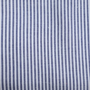 Può includere: Tessuto bianco con sottili strisce blu spaziate uniformemente. Il tessuto ha una trama tessuta.