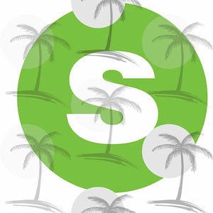 Puede incluir: Una letra blanca "S" sobre un fondo circular verde con palmeras y círculos blancos.