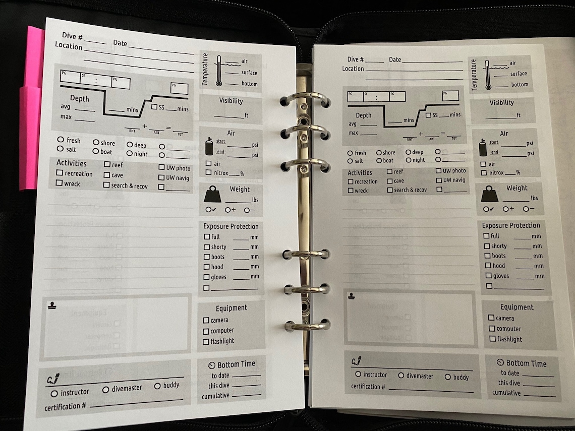 Dive Log Pages Printable File Scuba Dive Log Book Pages PADI Etsy