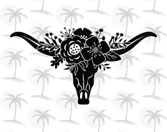 花をつけたロングホーンの頭蓋骨 - ビニール用のデジタル SVG と PNG