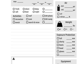 Dive Log Pages Printable File, Scuba Dive Log Book Pages, PADI Dive Log, Divelog Sheets, SCUBA Diving Log Pages, PDF Instant Download