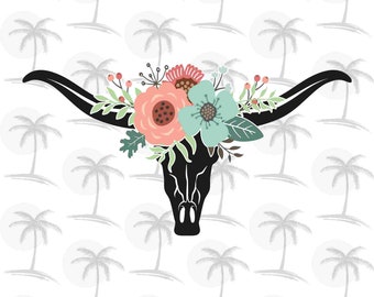 花をつけたロングホーンの頭蓋骨 - カラー - ビニール用のデジタル PNG のみ