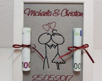 Geldgeschenk im Bilderrahmen Hochzeit -  individuell bestickt inkl. Bilderrahmen 16 x 21 cm - nach Wunsch gestalten