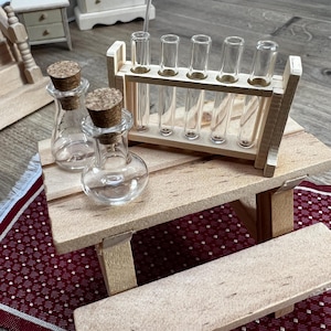 Mini-Labor Reagenzgläser Mit Holzgestell - 5 Stück, Für 1:12 Puppenhaus, Ca. 3,8x2,1 Cm