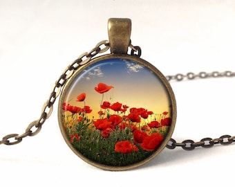 Locket Necklace Red Poppies Locket Red Poppy Flower In Field Blue Sky Unique Art Necklace Jewellery Gift Handmade By Verabel