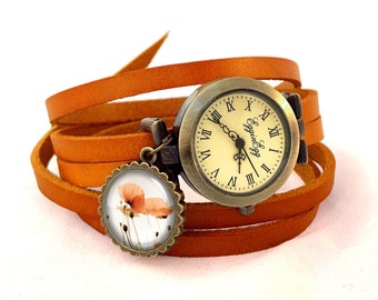 Leather watch bracelet - Poppies, 0165WLB6