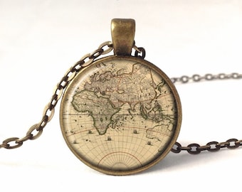 World Map Necklace, Old Map Pendant, 0196PB