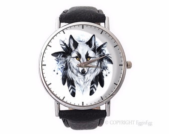 Zegarek skórzany z wilkiem - 0968