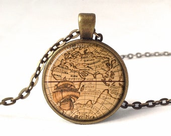 World Map Necklace, Old Map Pendant, 0147PB