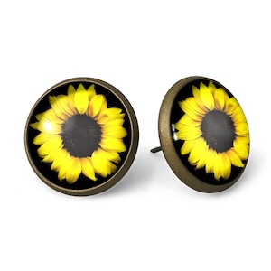 May include: A pair of bronze-colored stud earrings with a sunflower design. The sunflower is yellow with a black center and is set against a black background.