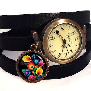 Leather watch bracelet - folk pattern, 0415WBB