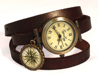 Horloge armband echt leer FOTO Kompas, 0145WDB