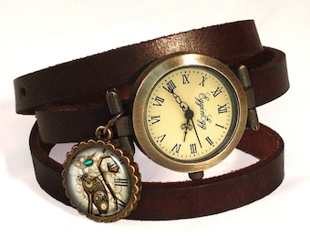 Leather watch bracelet Steampunk cat, 0582WDB