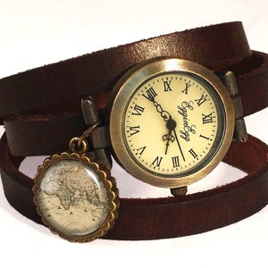 Bracelet montre en cuir - Carte du monde,0196WDB