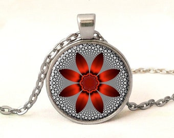 Red Flower Necklace, Glass Photo Pendant, 0124POS