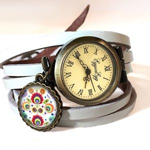 Leather watch bracelet - folk pattern, 0495WW6