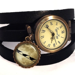 Leather watch bracelet - Birds on moon, 0466WBB