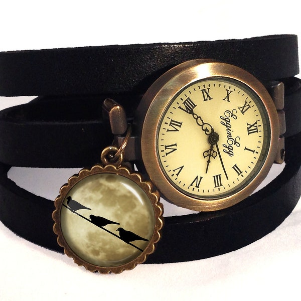Bracelet montre en cuir - Oiseaux , 0466WBB