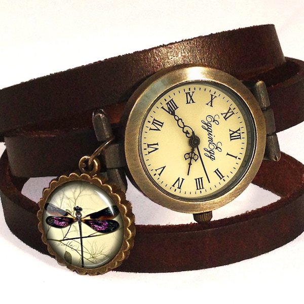 Leather watch bracelet - DRAGONFLY, 0593WDB