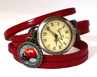 Leather watch bracelet - ladybug, 0101WR6