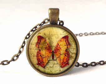 Butterfly Necklace, Glass Photo Pendant, 0702PB