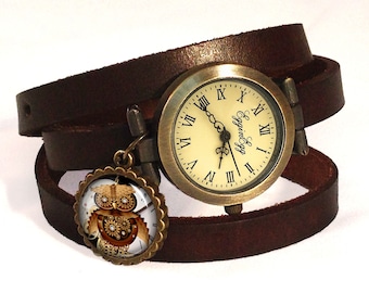 Leather watch bracelet - Steampunk owl, 0581WDB