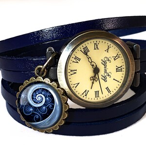 Leather watch bracelet -Blue spiral, 0115WNV6