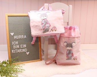 Kindergartenset "Regenbogenmausemädchen" KitaRucksack, KitaTurnbeutel, inklusive Personalisierung, Geschenk, Kindergarten, Tagesmutter, Kita