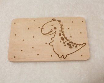 Frühstücksbrettchen Tino T-Rex, personalisiert, Holzbrettchen, Kind, Baby, Geschenk