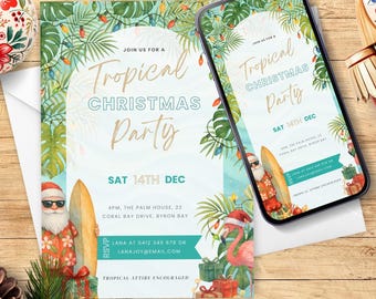 Tropical Christmas Party Invitation Template Editable in Canva, Beach Holiday Invite with Santa & Palm Leaves. Festive Tiki Theme TC2025