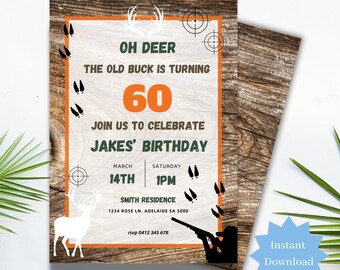 60th Old Buck Deer Hunting Birthday Party Invitation Printable Camo Party Digital Invite, Hunting Celebration Editable Canva Template