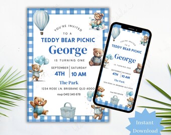 Blue Gingham Teddy Bear Birthday Invitation, Printable Kids Beary First Picnic Party Digital Invite,  Editable Canva Template