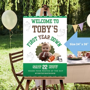Primo compleanno con foto, modello modificabile per poster di benvenuto, saluto per festa di calcio per bambini di un anno, espositore per ingresso sportivo FD2024