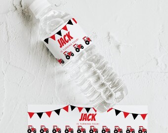 Red Tractor Birthday Water Bottle Label Template, Farm Party Drink Wrapper, Rustic Boy Birthday Decoration 23WC002