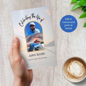 Modèle de programme d&#39;obsèques modifiable sur le thème de la pêche, ordre de service imprimable avec nécrologie, livret plié élégant service commémoratif