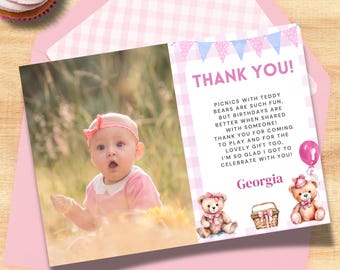 Rosa Teddybär Picknick Geburtstags-Dankeschön-Karte 5 x 7-Zoll-Vorlage, personalisierte Pastell Gingham Ein Jahr Partybevorzugung Printable TEP2023