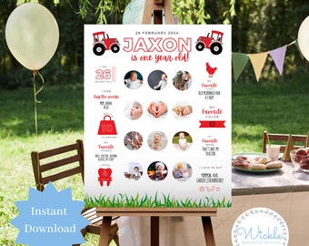 Customisable Photo Red Tractor First Birthday Milestone Poster, Personalised Baby Birthday Board, Boy One Year Sign Editable Canva Template