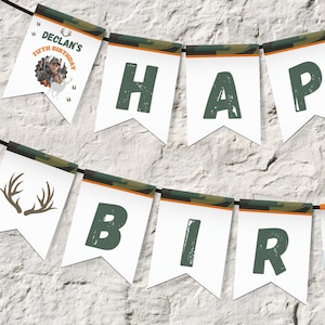 Redigerbar Canva-mall för hjortjakt, födelsedagsbanner med kamouflage- och skogsjägarefest, rustik födelsedagsdekoration för pojke HCP2024