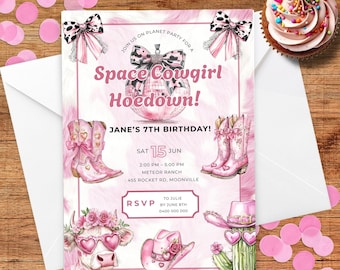 May include: Pink invitation with a cowgirl theme for a 7th birthday party. The invitation features a disco ball, cowboy boots, a cactus, a cow, and a cowboy hat. The text on the invitation reads "Space Cowgirl Hoedown!" and "Jane's 7th Birthday!"