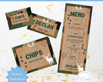 Editable Deer Hunting Birthday Table Stationary Canva Template, Personalised Camo Party Menu, Table Number, Food Labels and Signs Printable