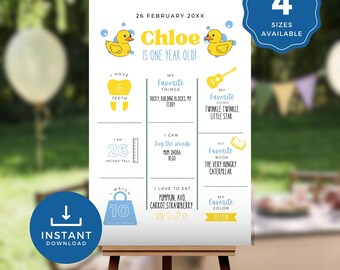 One Lucky Duck First Birthday Milestone Poster, Personalised Baby Birthday Board, Yellow Rubber Ducky One Year Sign Editable Canva Template